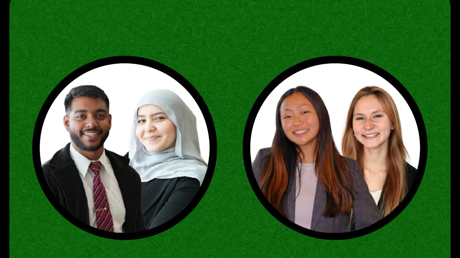 Two black circles with white interiors frame the two presidential tickets in the 2026 EMU Student Government election. The vice presidential candidates (Shehab and Orlich) are seen over the shoulders of the presidential candidates (Freeman and Farook).