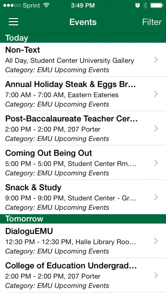 	The EMU mobile app allows students to view a schedule of upcoming events.