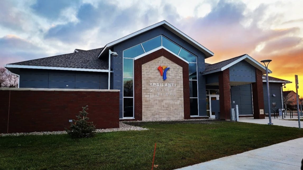 A digital rendering of the Ypsilanti District Library Superior Branch, a brick building, located at 1900 Harris Road.