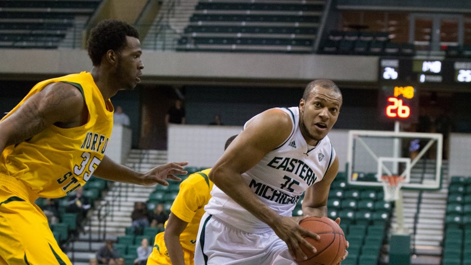 Eastern Michigan forward Daylen Harrison (35) drives to the basket in the Eagles 58-54 win over Norfolk State in the first round of the College Insiders Tournament Tuesday night.
