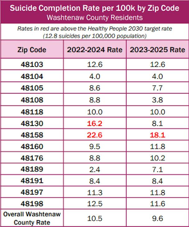 A chart showing the suicide rates for each ZIP code in Washtenaw County.