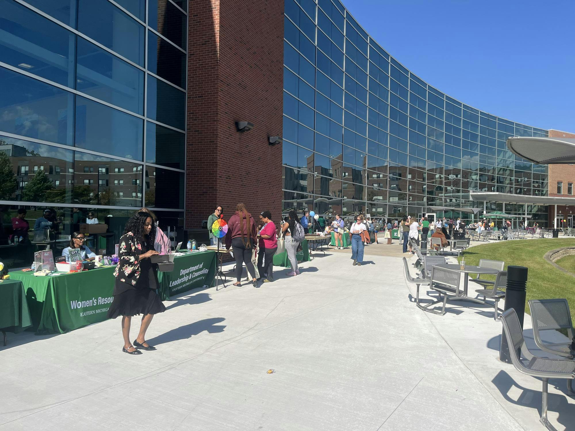 Tables are set up outside next to the Student Center.