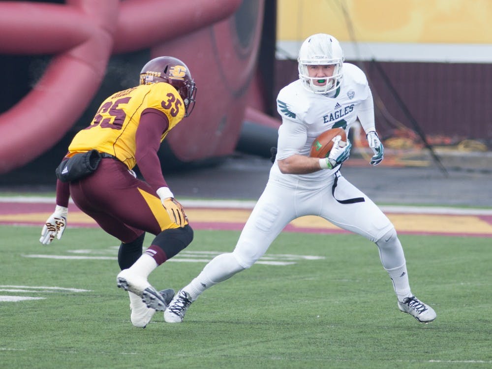 Eastern Michigan wide receiver makes catch against Central Michigan in Mount Pleasant.