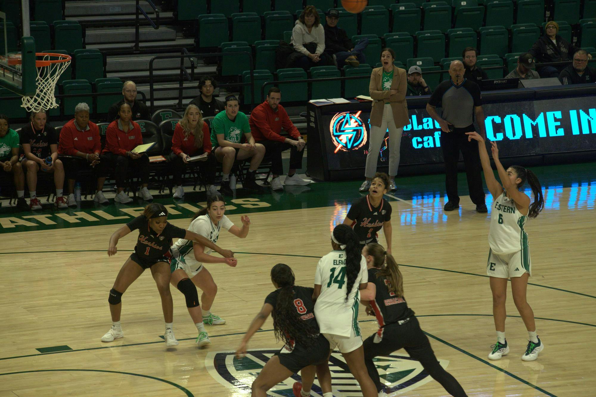 Eastern Michigan Women's Basketball player shoots free shot.