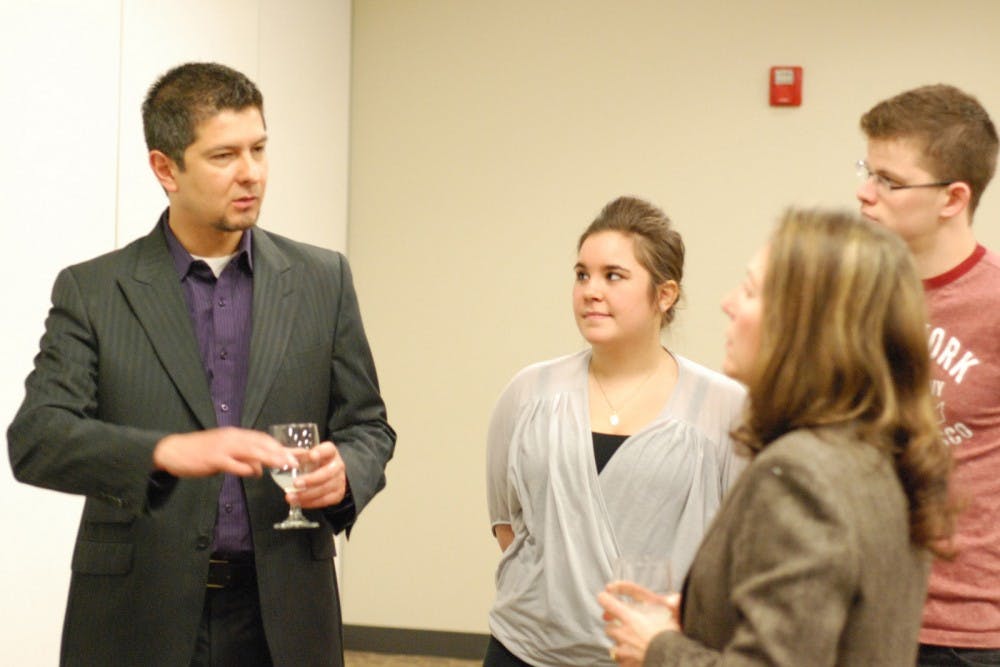 Lozano visits with atendees afterwards(see writer for names)The third picture from left to right: ?Salvador Ginori Lozano (writer/singer), Phoebe Conybeare(student at emu), Justin Beaudrie(student at emu), Coral Lopez Gomez(Honoraray Consulate of spain)