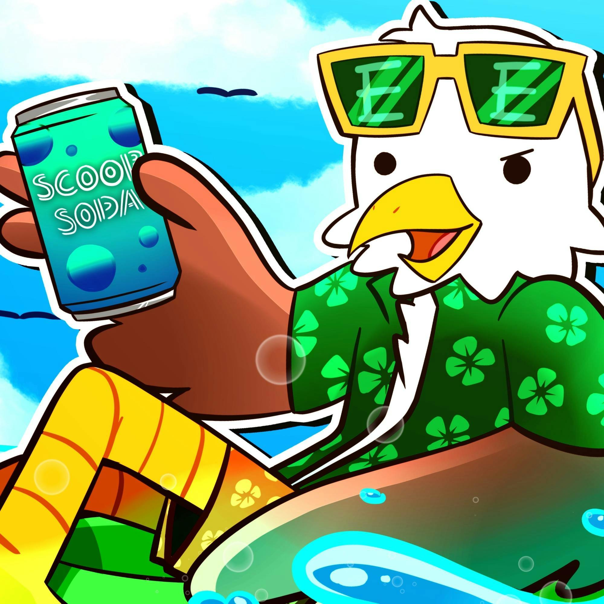 Scoop, The Eastern Echo's mascot, sits on a green inflatable float against a blue sky. He is wearing a green T-shirt and orange shorts, both with a four-leaf clover pattern, as well as a pair of green sunglasses with the letter E printed on each frame. He is smiling and holding a blue can of "Scoop Soda" in his right wing. 