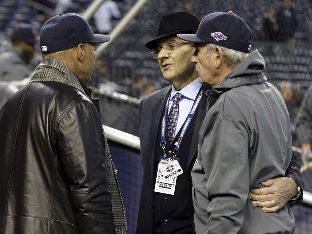 Former New York Yankee Reggie Jackson, left, former manager Joe Torre and Detroit Tigers manager Jim Leland talk on the field during batting practice prior to the start of Game 1 of the American League Championship Series at Yankee Stadium in the Bronx, New York, Saturday, October 13, 2012. (Julian H. Gonzalez/Detroit Free Press/MCT)