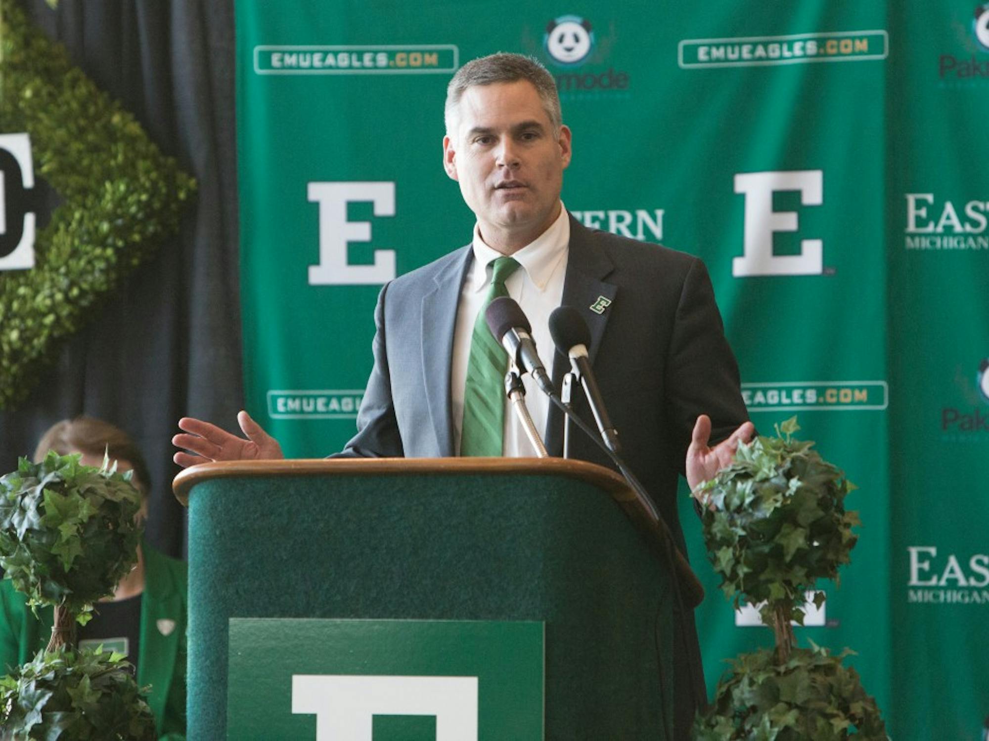 	New Eastern Michigan head football coach Chris Creighton speaks at his introductory press conference Thursday afternoon at the Convocation Center.
