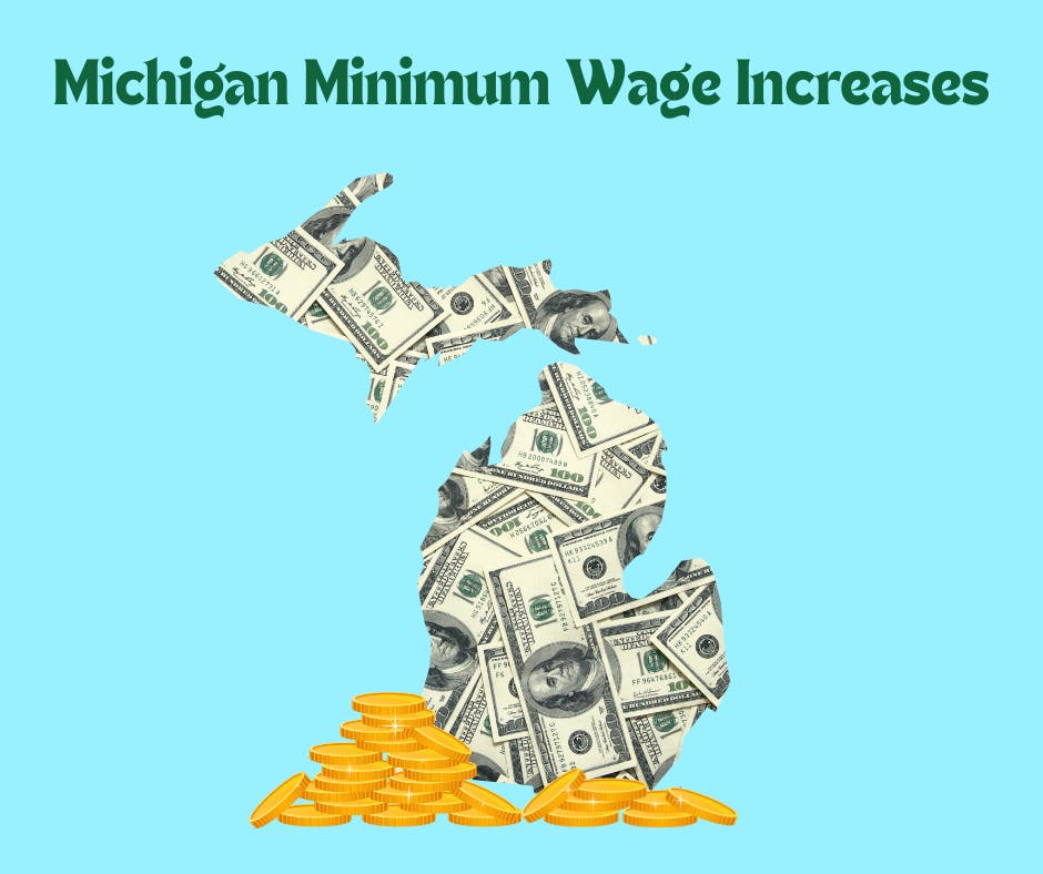 A graphic with a blue background shows the Michigan state outline illustrated with $100 bills with a stack of gold coins.