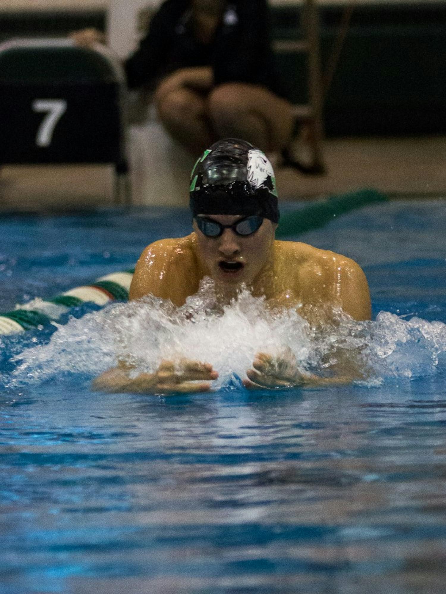 Junior Mike Fisher (Saline, MI) won the 200 yard breaststroke (2:04.75) by 1.5 seconds.