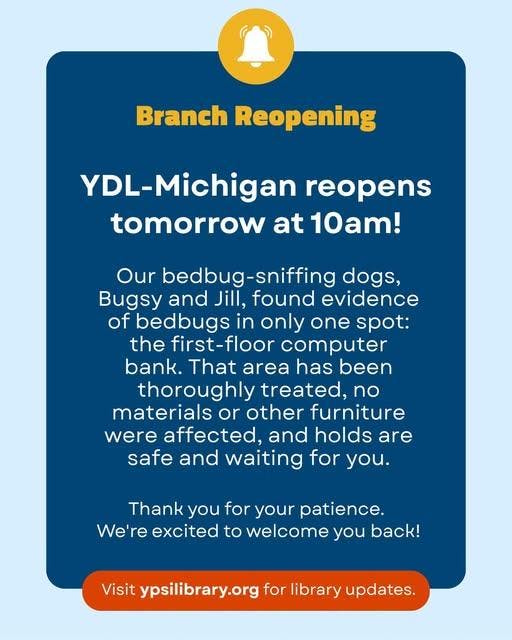 A flyer announces the reopening of the YDL Michigan Avenue branch.