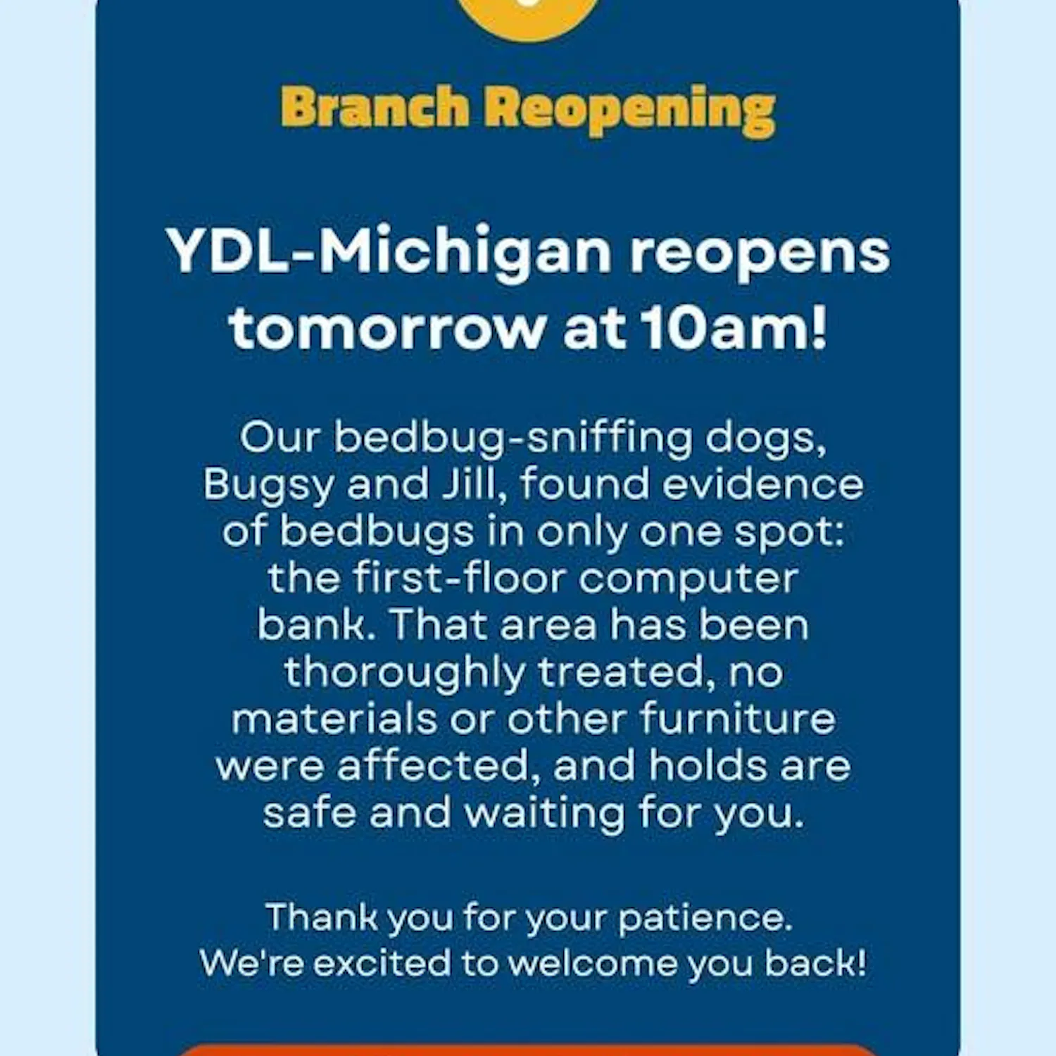 A flyer announces the reopening of the YDL Michigan Avenue branch.