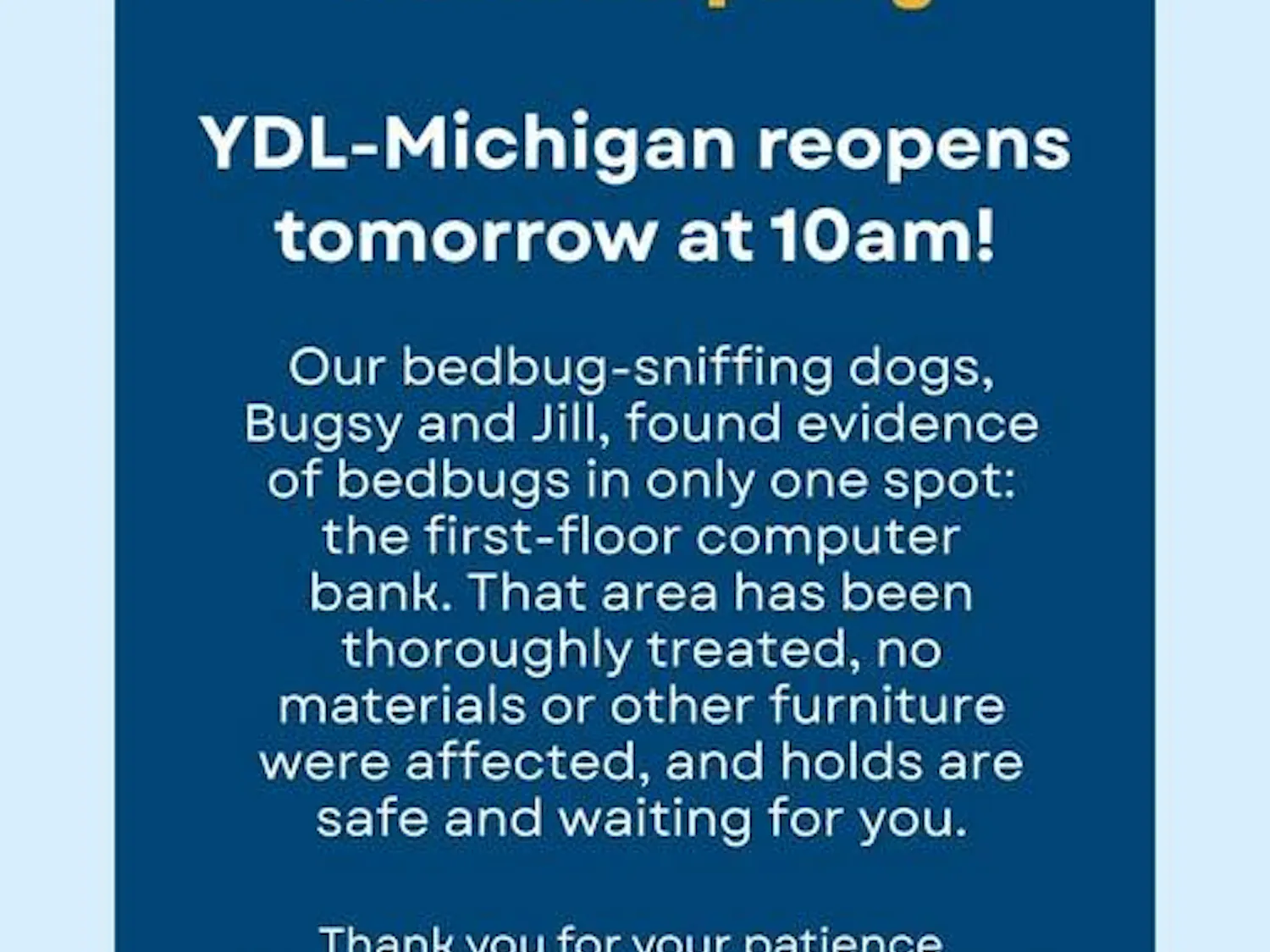 A flyer announces the reopening of the YDL Michigan Avenue branch.
