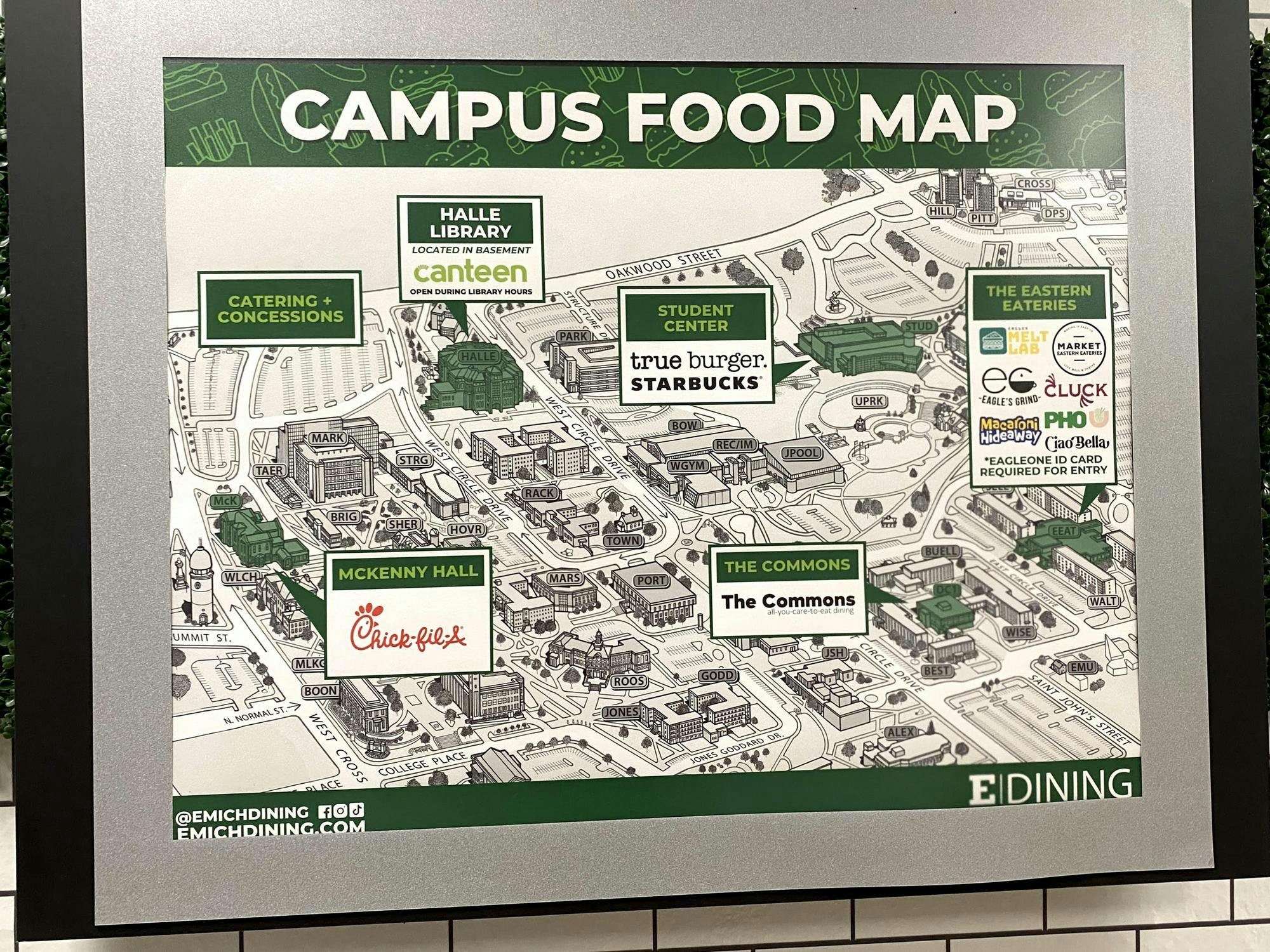 Graphic gray, white and green map highlighting the places students can eat on campus.