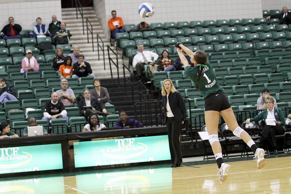 Eastern Michigan University volleyball (No. 5) defeated Bowling Green State University (No. 12) in the first round of the Mid-American Conference volleyball tournament 3-0 Tuesday. The Eagles advance to the quarterfinal round at 11 a.m. Friday.