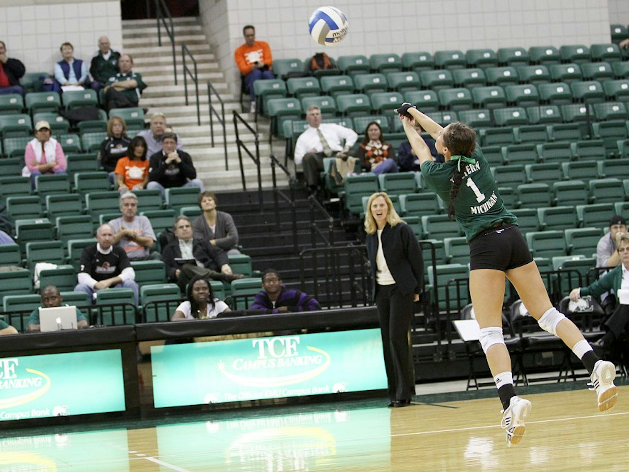 Eastern Michigan University volleyball (No. 5) defeated Bowling Green State University (No. 12) in the first round of the Mid-American Conference volleyball tournament 3-0 Tuesday. The Eagles advance to the quarterfinal round at 11 a.m. Friday.