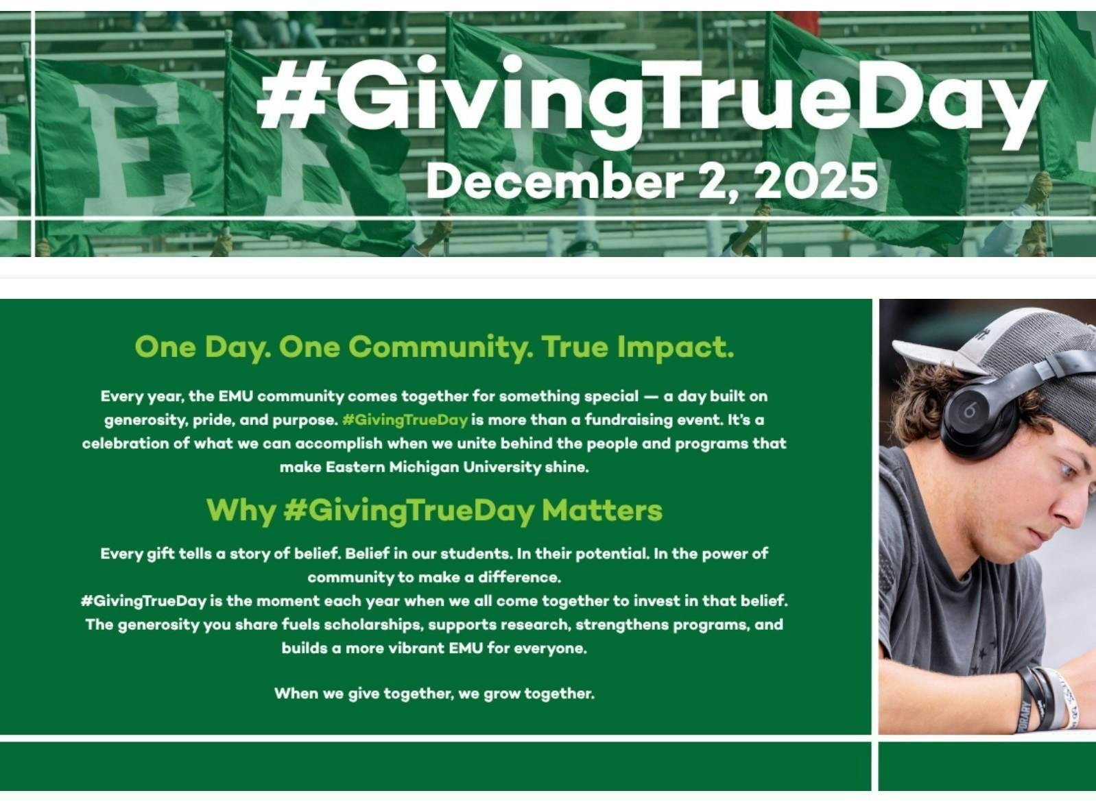 Graphics advertising #GivingTrueDay in EMU brand colors green and white. Text explains the purpose of the event.
