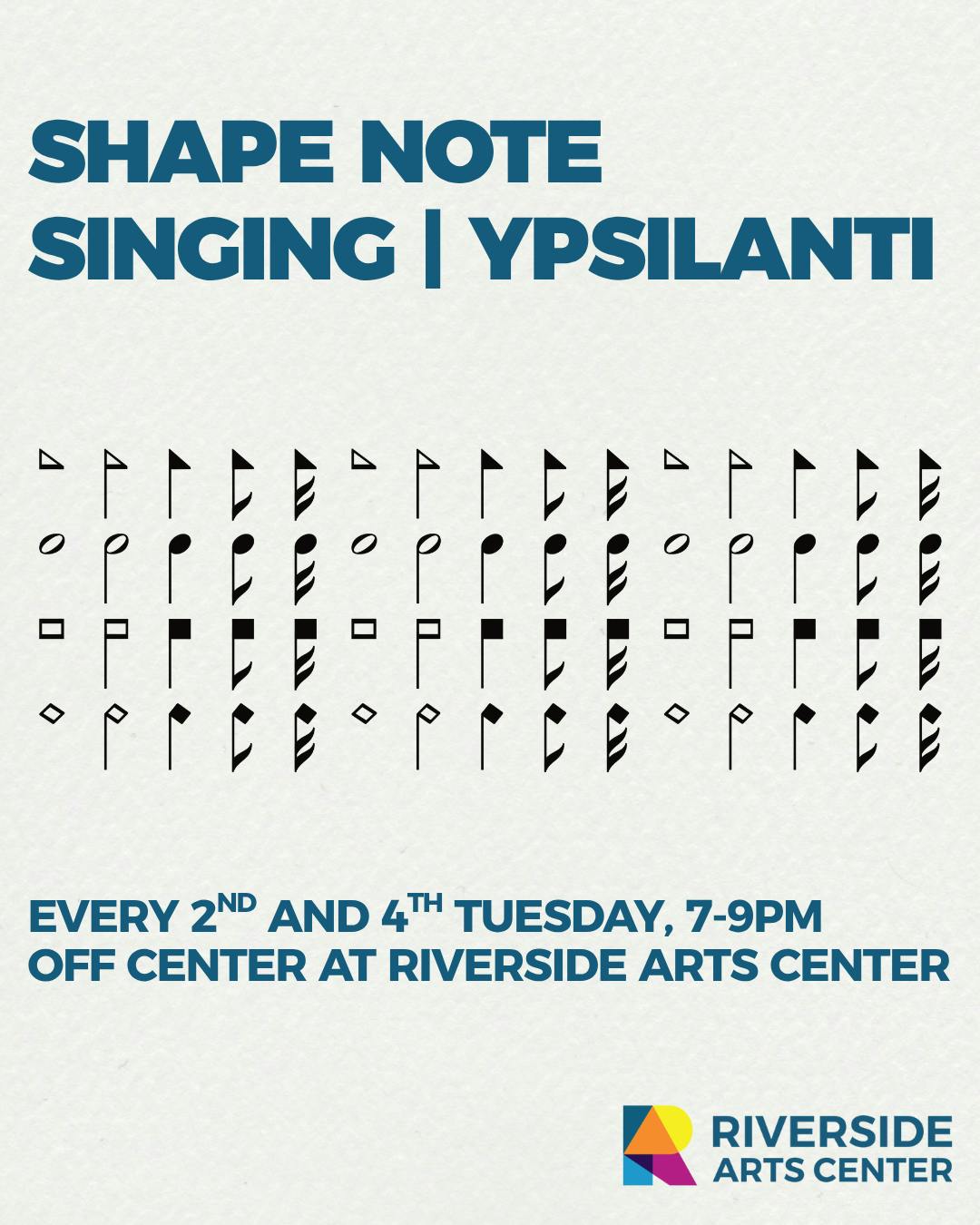 Poster for Ypsilanti Shape Note Singing. Music notes are centered between blue text above and below them.