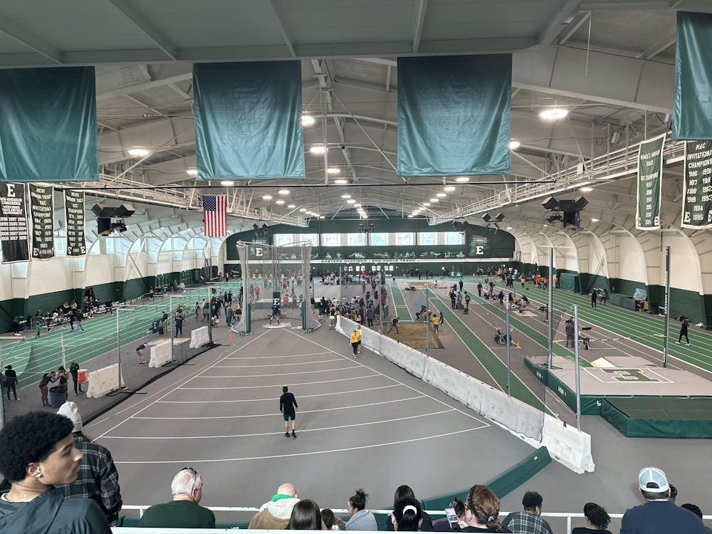 The scene from above inside Bowen Fieldhouse as the Eastern Michigan Track and Field programs hosted the Bob Marks Memorial Meet indoors for the first time since 2020. 