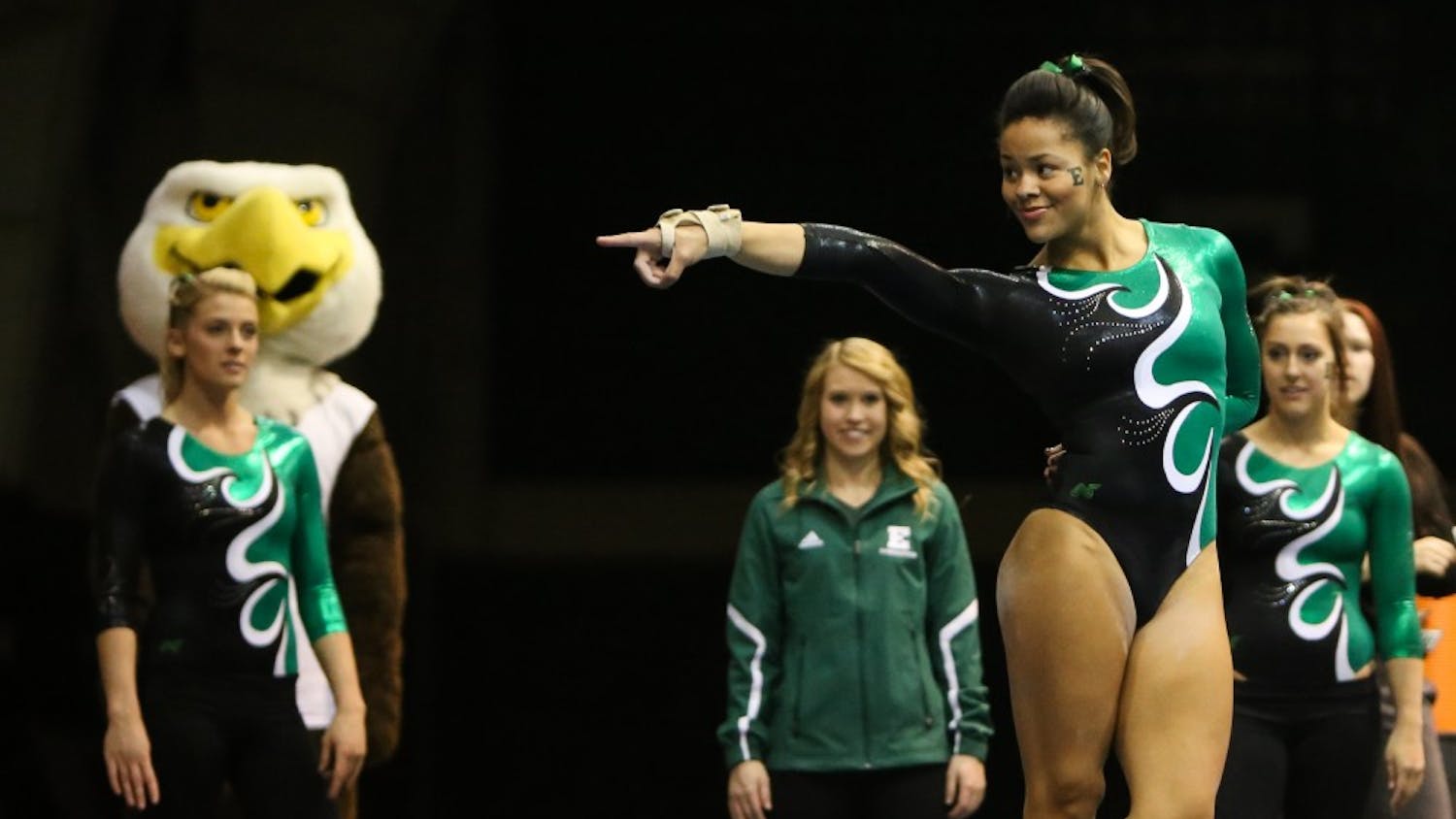 Eastern Michigan sophomore Khadijah Hudson finishes up her floor routine in the Eagles 195.925-194.600 loss to Central Michigan Friday night.