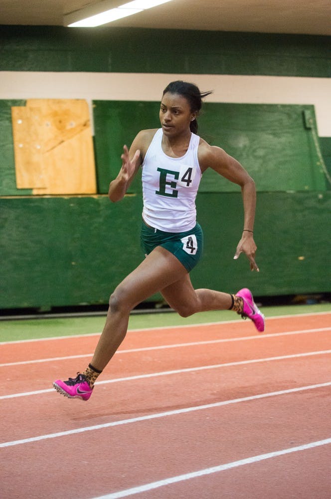 Eastern Michigan sprinter Iesha Hardiman runs hard during the 400m at the EMU Quad Invite on Jan. 9 at Bowen Field house in Ypsilanti.