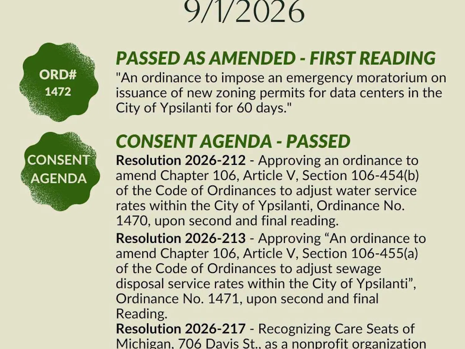 A graphic shows items approved at the Sept. 1 Ypsilanti City Council meeting.