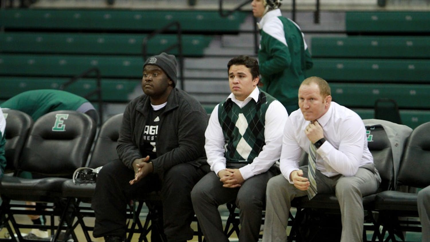 EMU student Ramone Williams, who was previously homeless, is named honorary captain during the match against Kent State at the Convocation Center in Ypsilanti on Sunday January 17, 2016.
