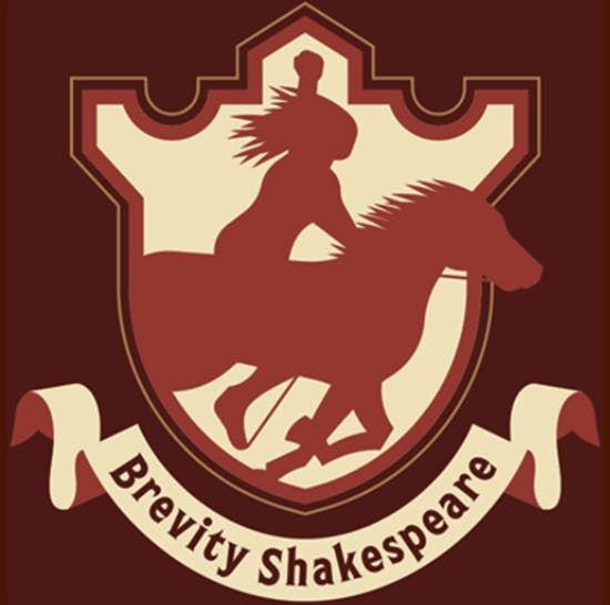 Silhouette of a person riding a horse with a banner beneath that reads "Brevity Shakespeare."