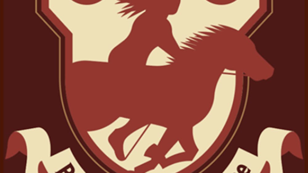 Silhouette of a person riding a horse with a banner beneath that reads "Brevity Shakespeare."