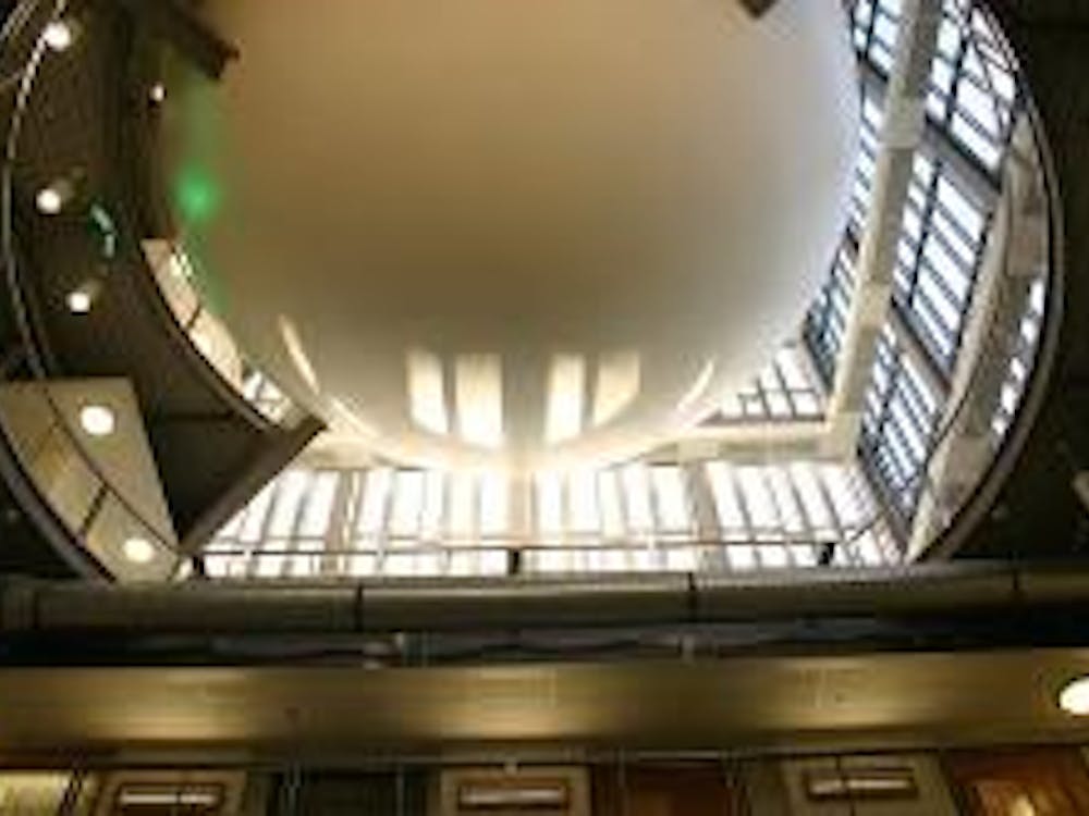 Eastern Michigan University's planetarium, seen from below, is inside the atrium area of the Mark Jefferson Science Complex, on the west side of the Ypsilanti, MIchigan, campus.
