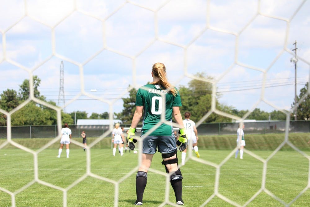 Senior goalkeeper Megan McCabe looks over the field as her team gets ready to kick-off.