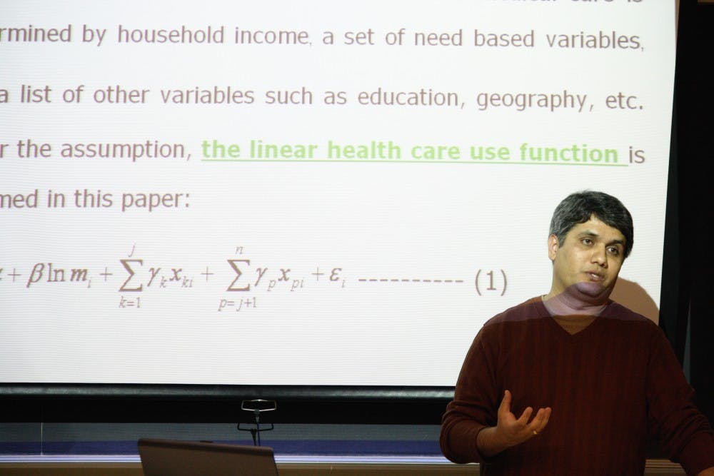 	Satis Devkota Ph.D. from Wayne State University, presented at the forum for more than 40 students and a handful of professors listening in to observe and question the guest speaker.