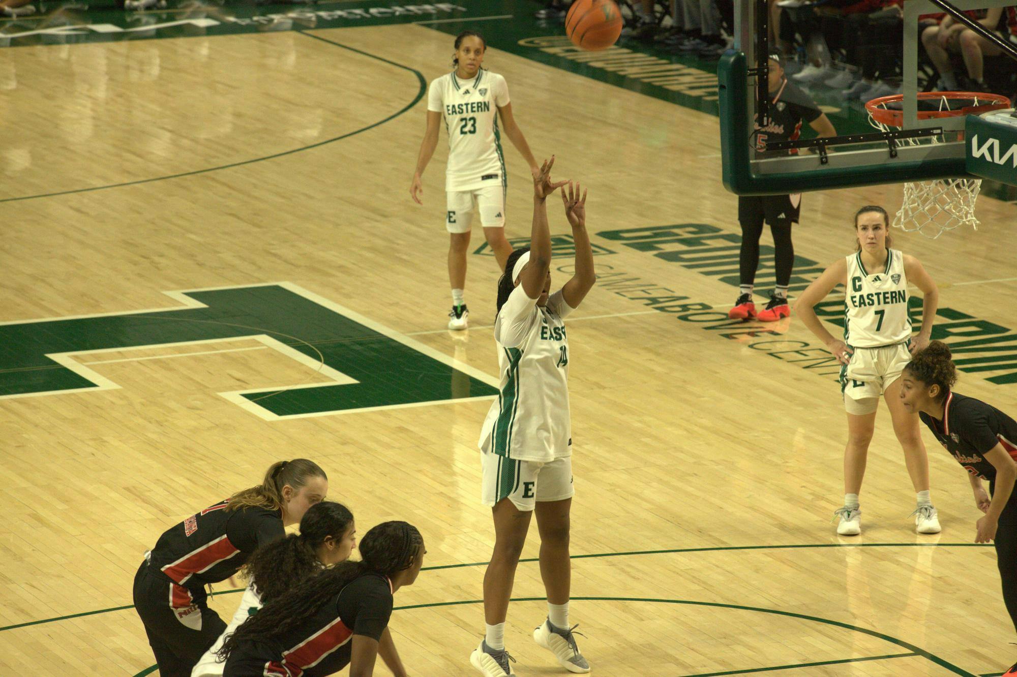 Eastern Michigan Women's Basketball player shoots free shot.
