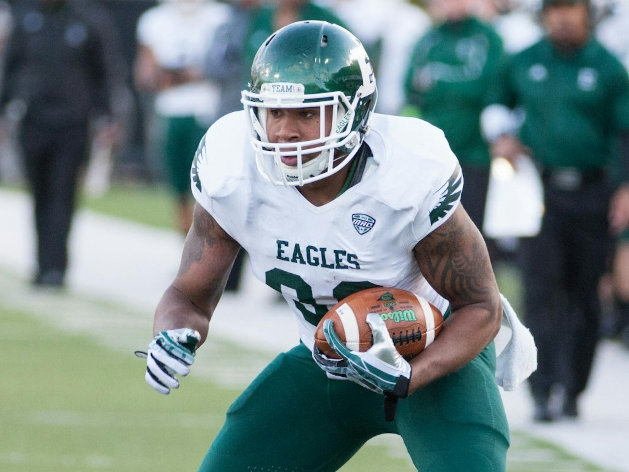 EMU tight end Tyreese Russell had 4 catches for 90 yards including a touchdown in Easterns 59-20 loss to Northern Illinois Saturday in DeKalb. The 90 recieving yards were a career best for Russell.