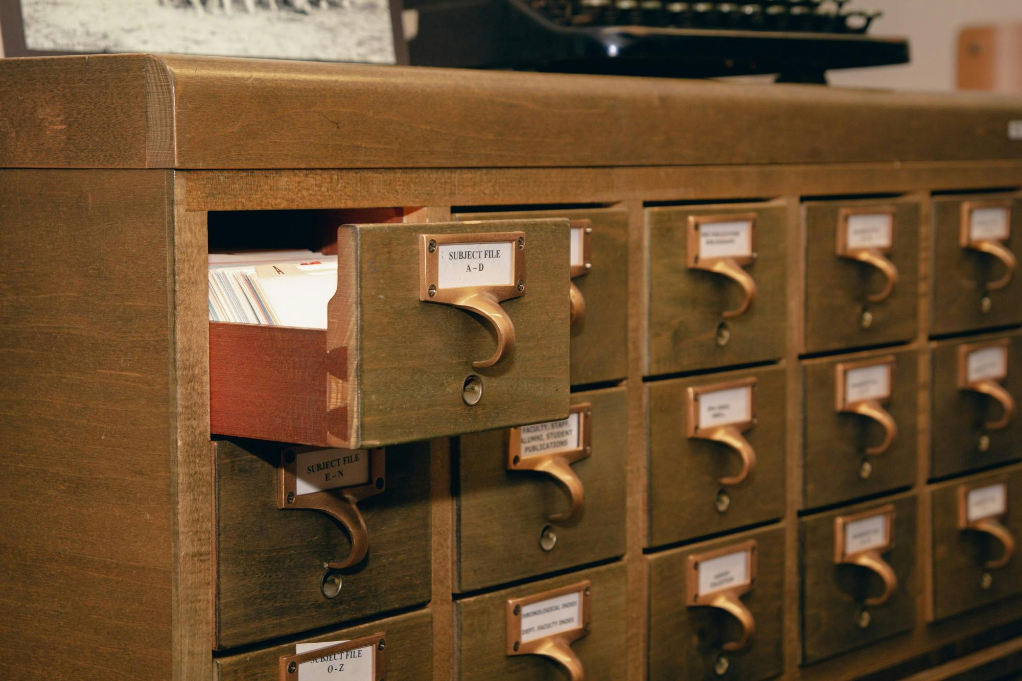 A retro library card drawer at the EMU Archives