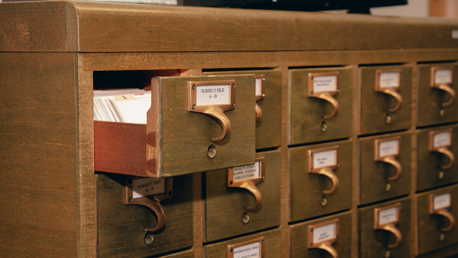A retro library card drawer at the EMU Archives