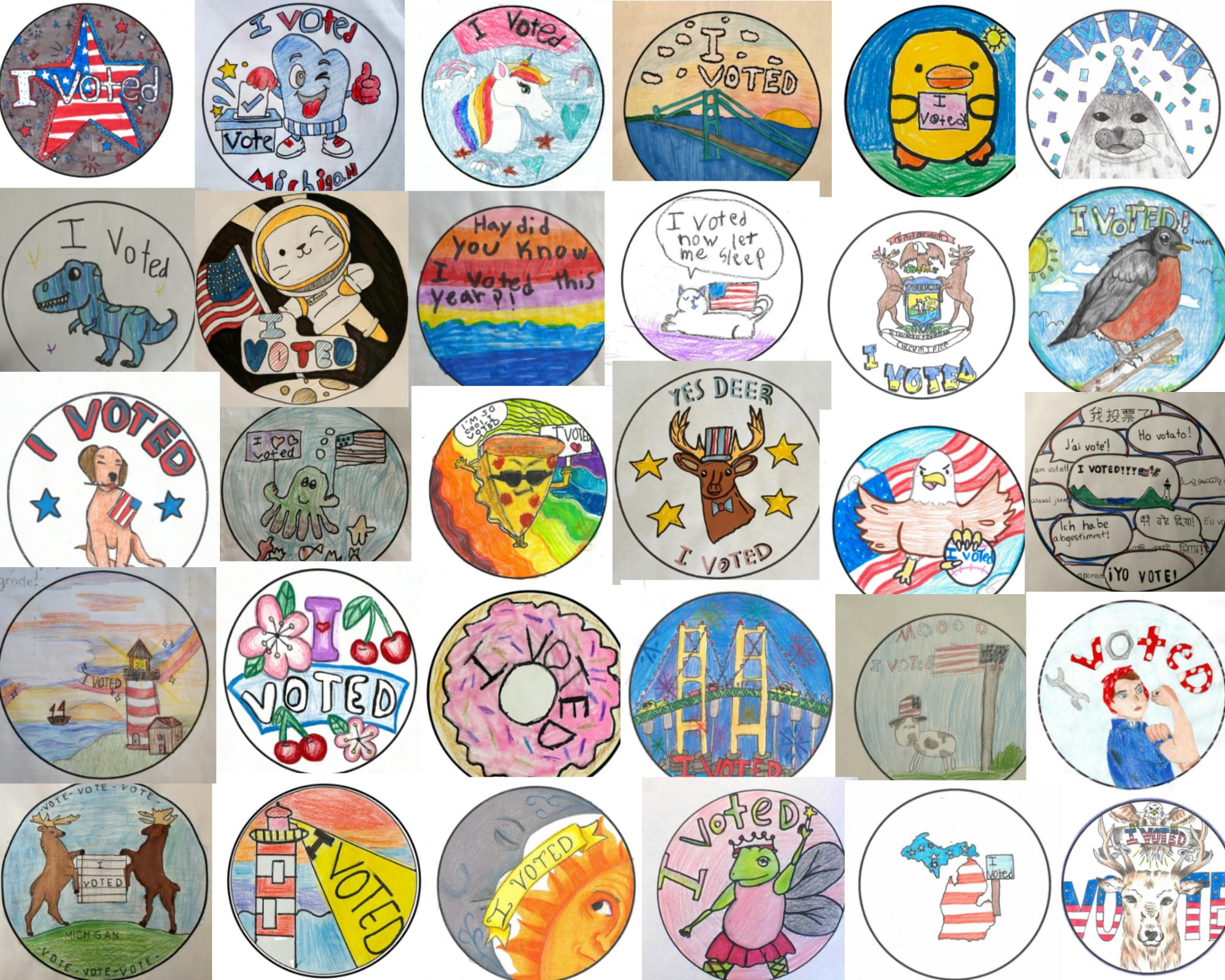 A series of colorful artistic designs, all containing the words "I Voted," many featuring Michigan state symbols, such as cherries, the Mackinac Bridge, the state seal, and robins.