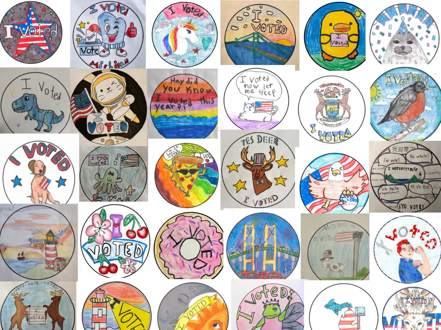 A series of colorful artistic designs, all containing the words "I Voted," many featuring Michigan state symbols, such as cherries, the Mackinac Bridge, the state seal, and robins.