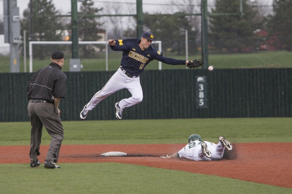 	EMU center fielder Daniel Russell steals second easily on a miss throw to Michigan shortstop Travis Maezes. Russell had 3 stolen bases in Eastern’s 15-10 victory Tuesday night.