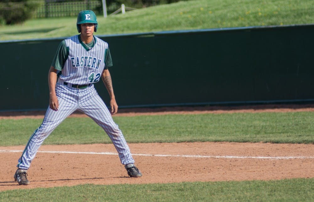 Sterling Sharp at first base in the tenth inning during the Eastern Michigan vs. Ohio University baseball game at Ohio University in Athens, Ohio on Saturday, April 26, 2014.