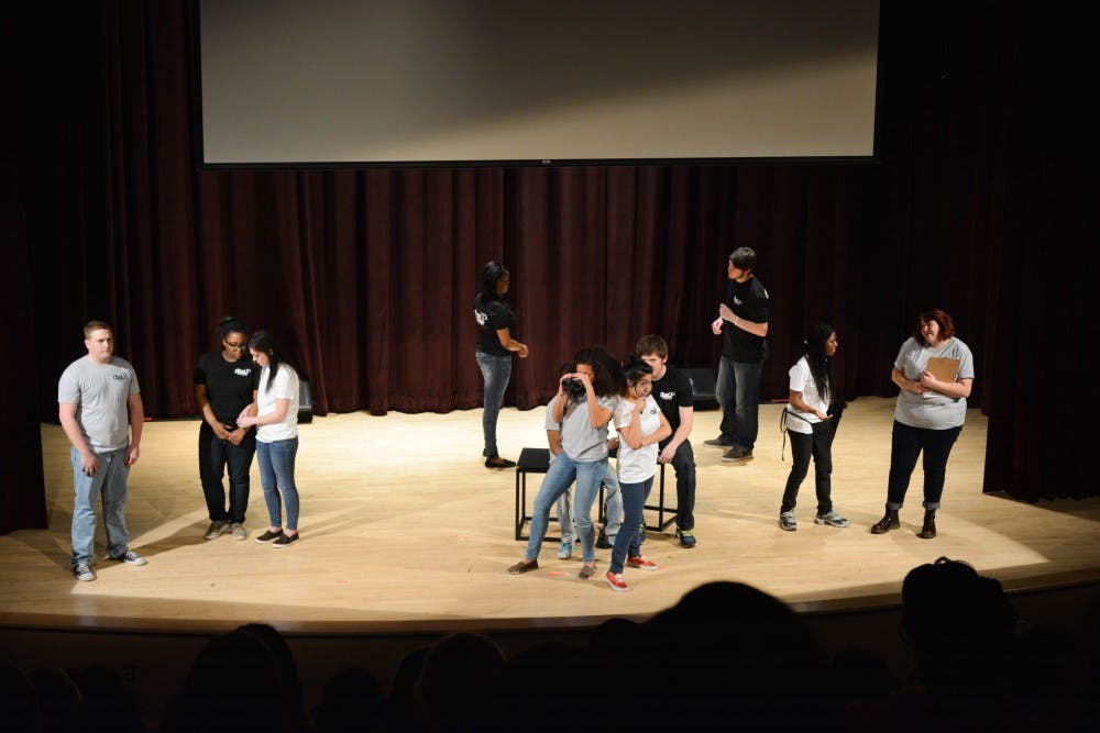 Members of the Close-Up  Theatre Troupe perform skits about social issues during the Close-Up Theatre Troupe show on Jan 19, 2015 in the Student Center Auditorium on Eastern Michigan University's campus.
