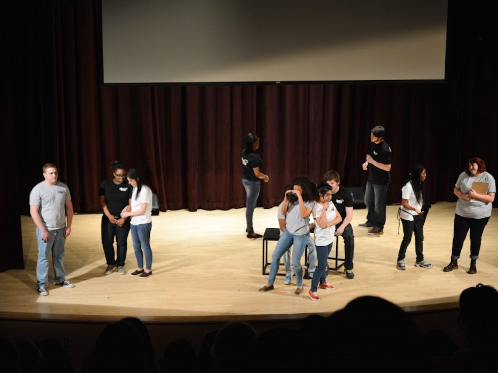 Members of the Close-Up  Theatre Troupe perform skits about social issues during the Close-Up Theatre Troupe show on Jan 19, 2015 in the Student Center Auditorium on Eastern Michigan University's campus.