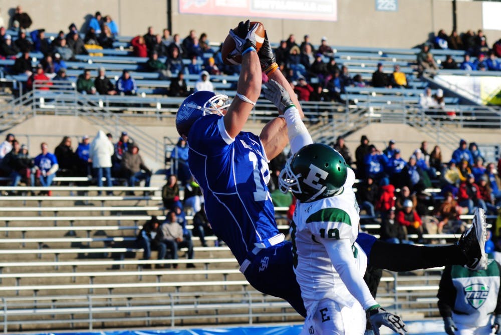 	Defensive back Arrington Hicks attempts to break up a catch during Saturday’s game at University at Buffalo.