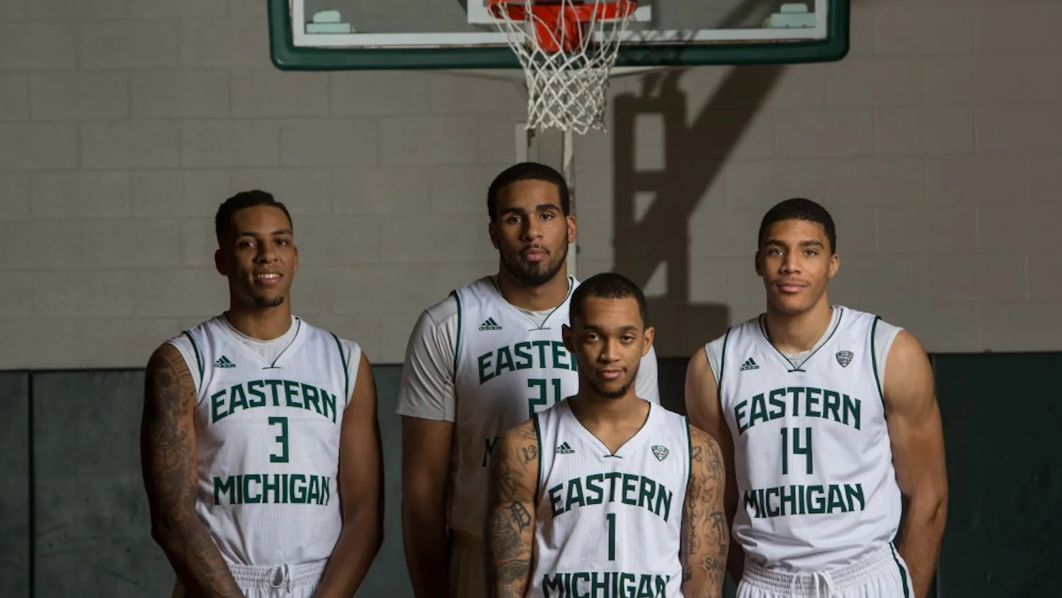 Eastern Michigan seniors Anali Okoloji, Jerome Hunter, Mike Talley and Karrington Ward.