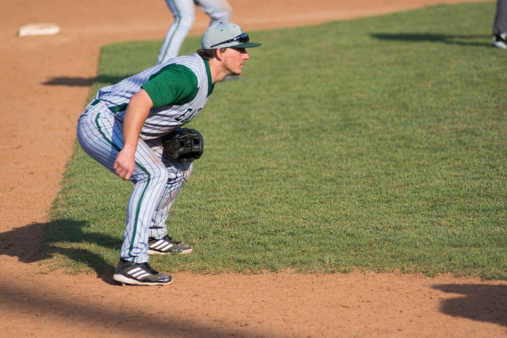 Ty Gilmore plays third base in the tenth inning during the Eastern Michigan vs. Ohio University baseball game at Ohio University in Athens, Ohio on Saturday, April 26, 2014.