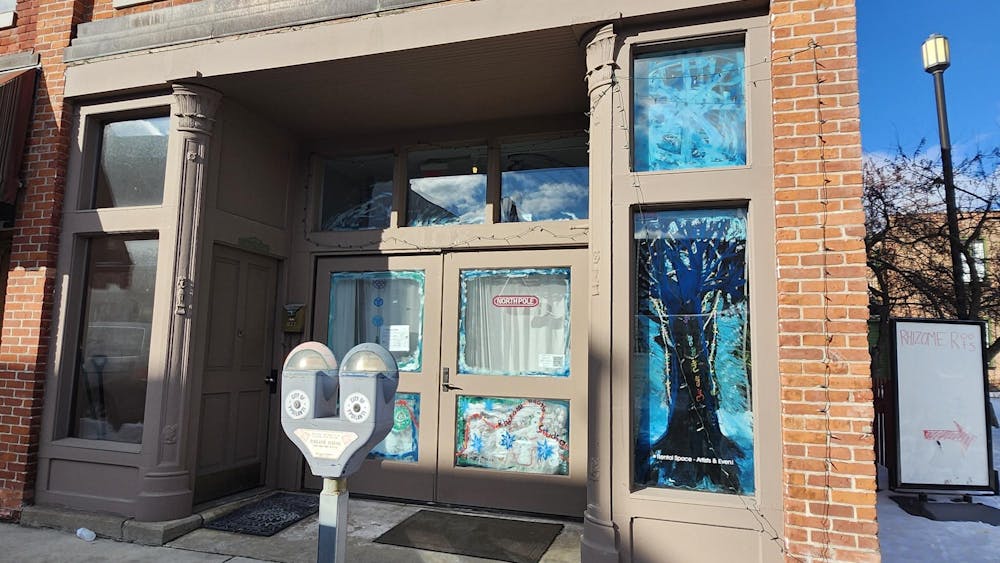 A brick building with a storefront with inset glass and wood paneled double doors. The windows on the doors and on either side of the doors are painted. There is an outline of a tree painted, as well as the text "Rhizome Roots Studio."