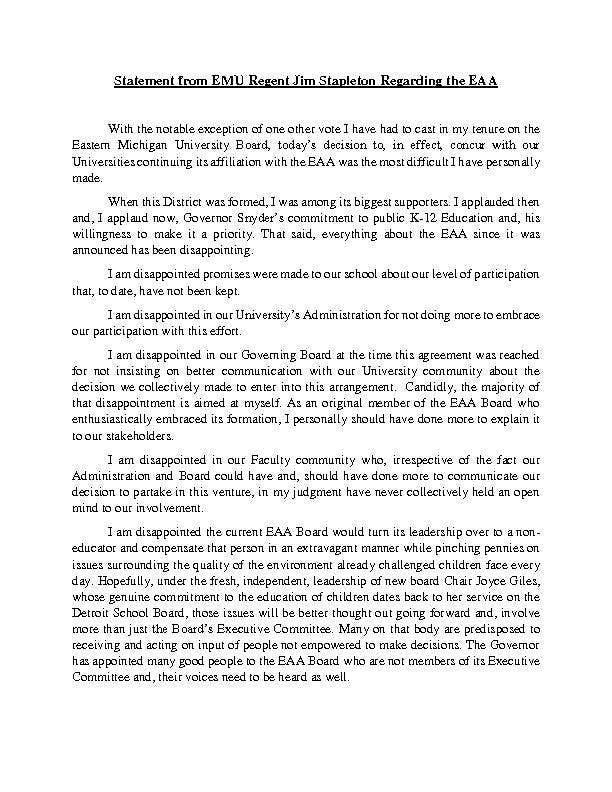 EMU Regent Jim Stapleton's media release