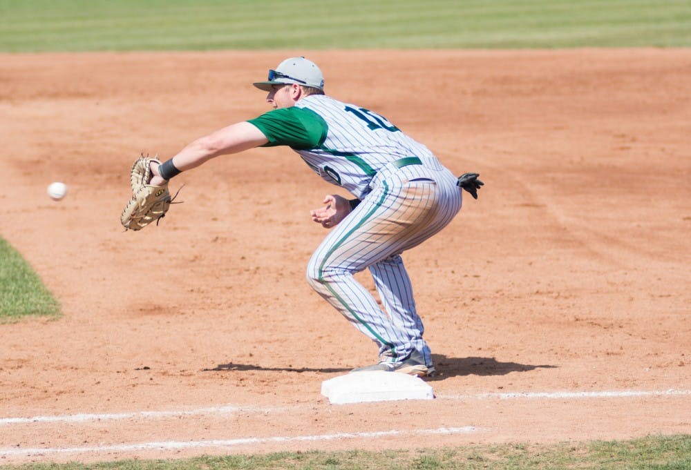Lee Longo plays first base in the third inning during the Eastern Michigan vs. Ohio University baseball game at Ohio University in Athens, Ohio on Saturday, April 26, 2014.