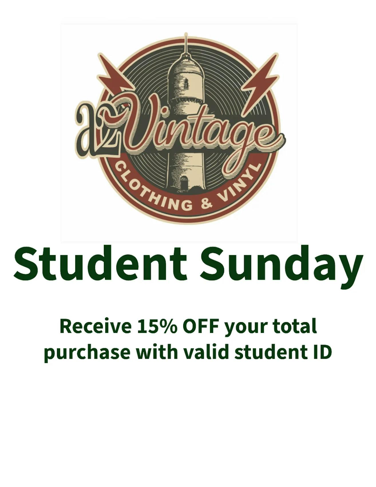 Poster with the a2vintage Ypsilanti water tower logo against a white background. The text explains the Student Sunday sale.