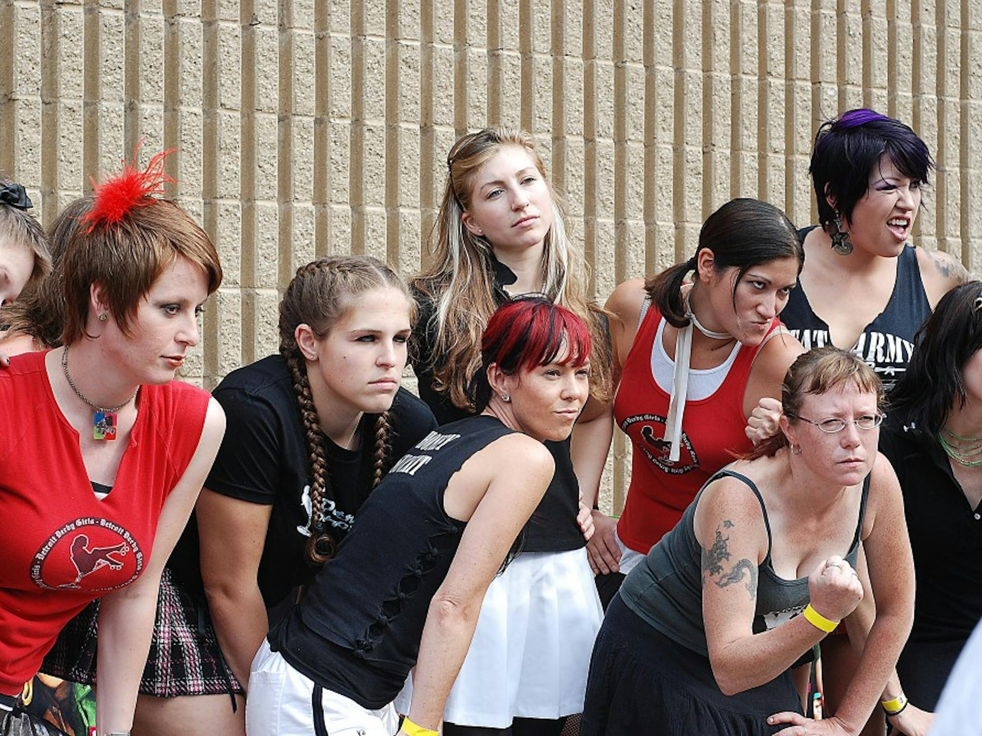 	The Detroit Derby Girls pose for a photo outside of the Bonaventure Skating Rink during a promotion the new movie &#8220;Whip It&#8221;.